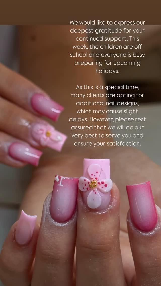 Pink ombre acrylic nails with 3D flower design at Nel's Nails Portsmouth